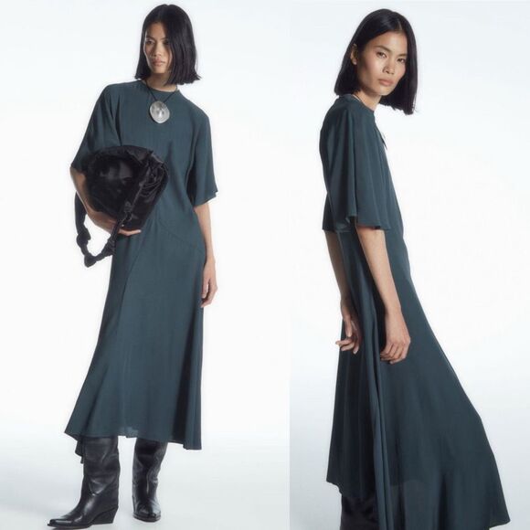 Cos Calenda Flutter Sleeve Midi Dress in Turquoise Dark Size 10 - Picture 1 of 7